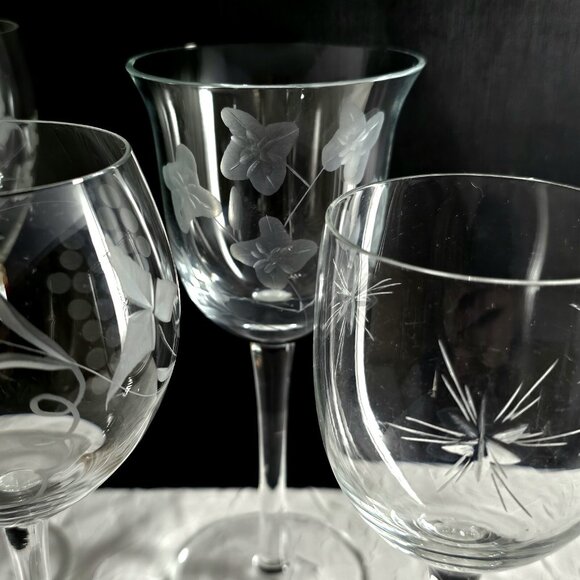 Mismatched Cordials Cocktail Glasses set/4 vtg mixed etched cut glassware party - Picture 4 of 10